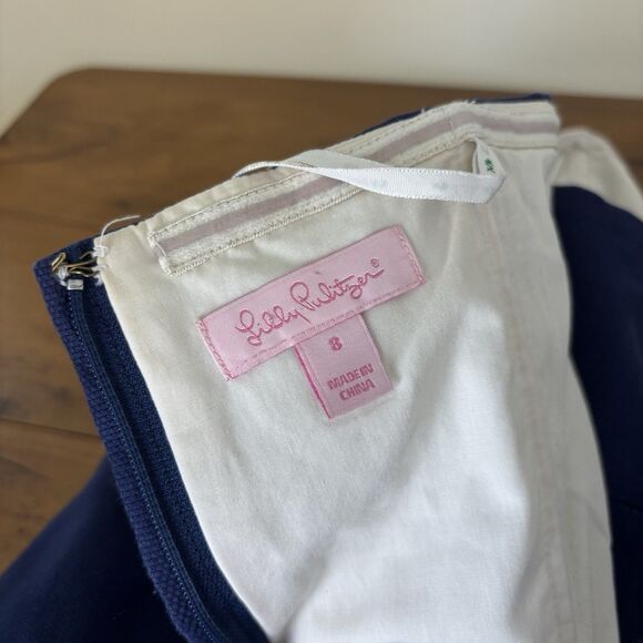 Lilly Pulitzer Bowen Geometric Embroidered Strapless Navy Dress Size 8 Cotton - Picture 7 of 10